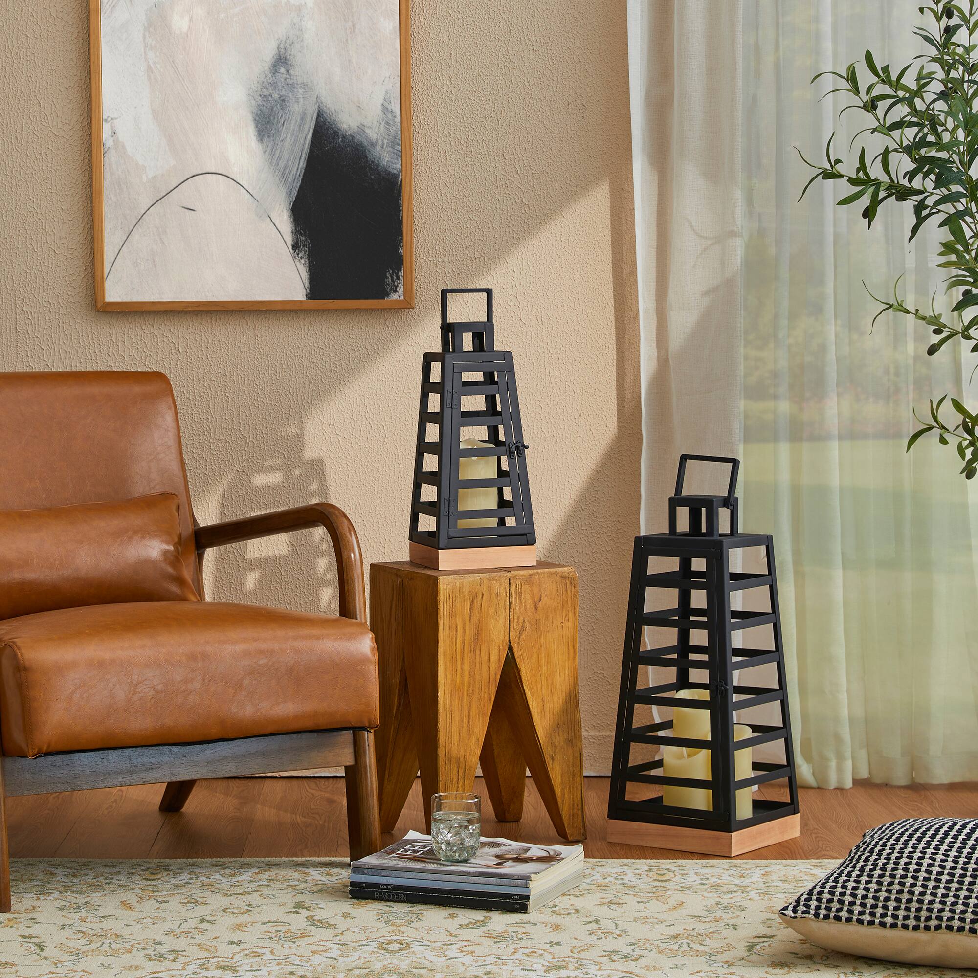 Glitzhome® Black Modern Trapezoid Metal & Wood Lanterns Set